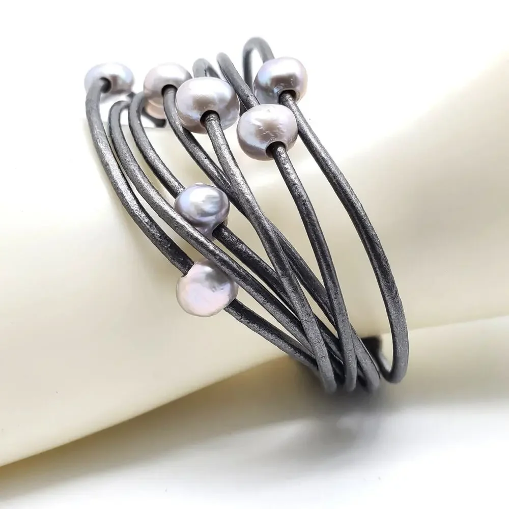 Saachi Freshwater Pearl Bracelet Gray Gunmetal Multi Strap Wrap Layered Modern - Picture 9 of 10